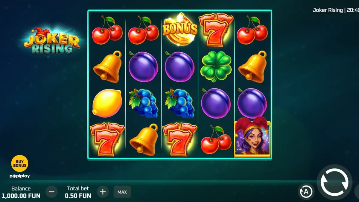 Tampilan visual mesin slot Joker Rising dengan simbol buah neon dan karakter joker yang ceria.