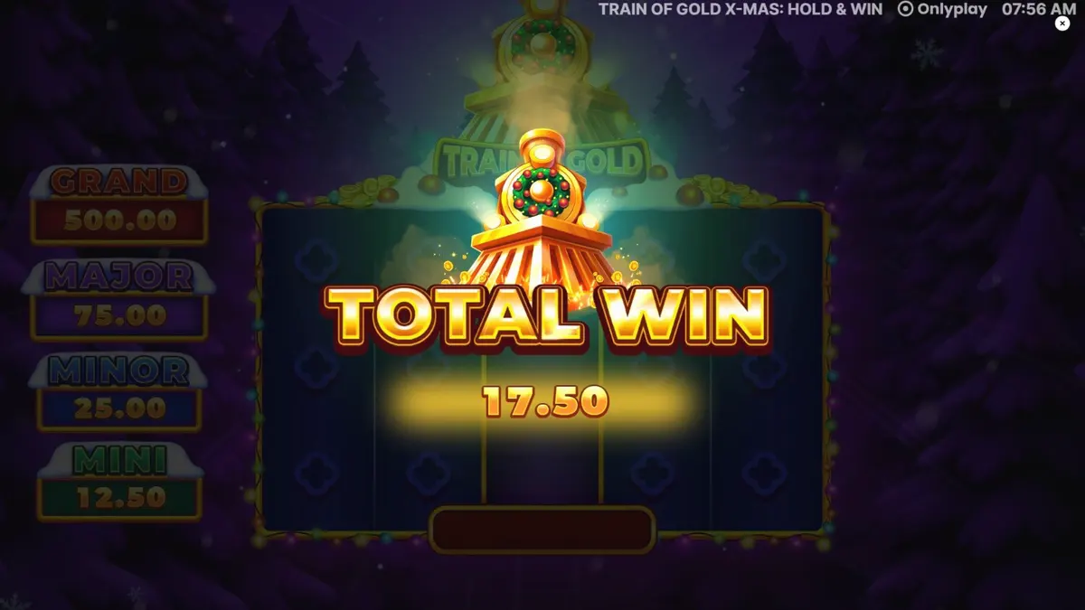 Tampilan visual slot Train of Gold X-Mas dengan tema kereta Natal dan simbol buah klasik.