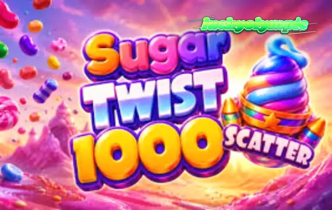 Tampilan antarmuka Sugar Twist 1000 pada perangkat seluler dengan latar belakang permen yang cerah.