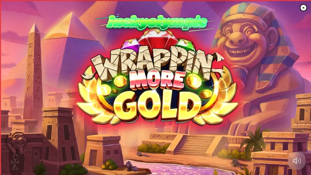Tampilan visual slot Wrappin’ More Gold dengan karakter mumi yang ramah dan latar belakang ruang harta karun.